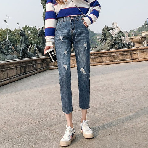 Pants Cropped Pants Women Straight Loose Trendy Korean Style Ripped