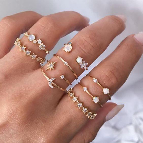 9 Piece Celestial Ring Set With Gemstone Crystals 18K Gold Plated Ring Set