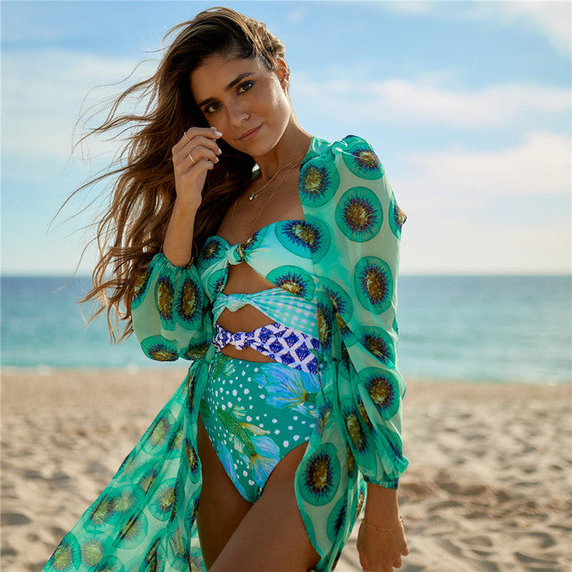 Leaves Print Swimsuit Beach Cover Up