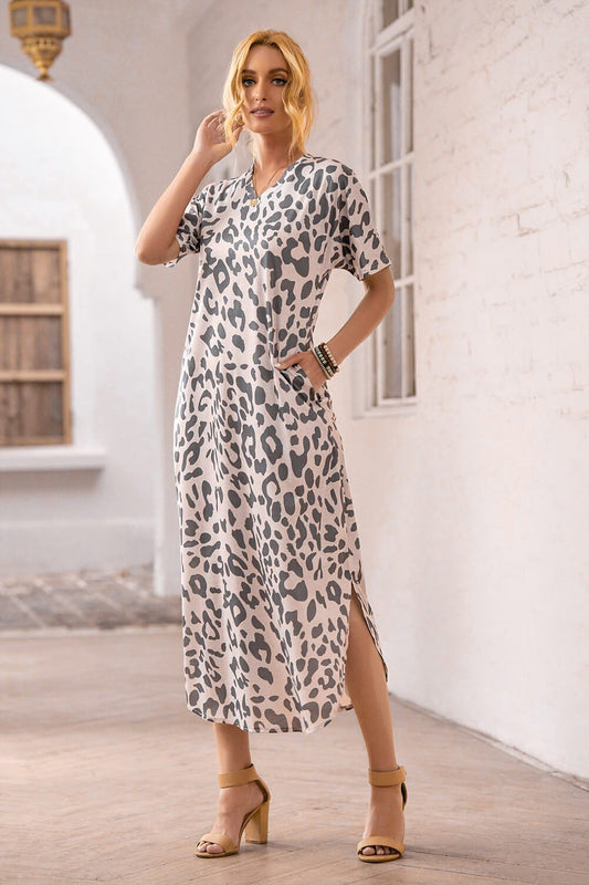 Casual Leopard Maxi Dress with Slits