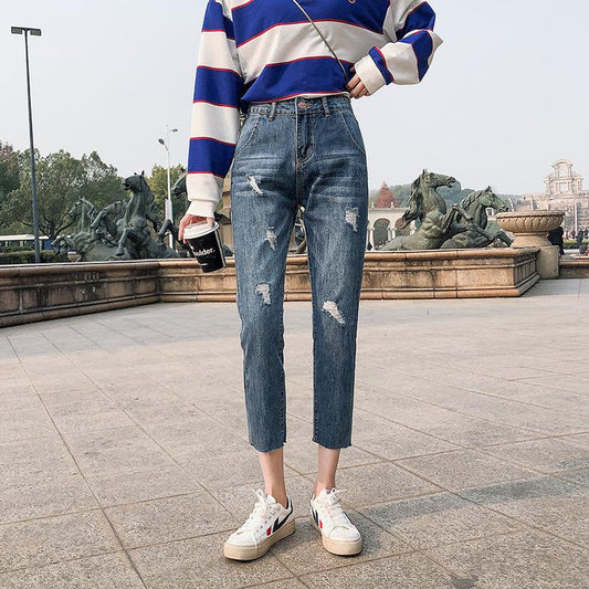 Pants Cropped Pants Women Straight Loose Trendy Korean Style Ripped