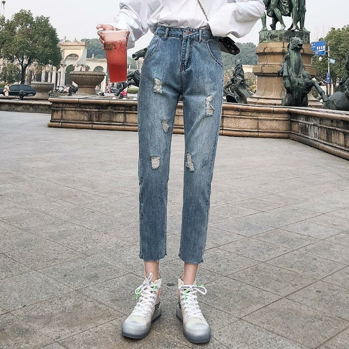 Pants Cropped Pants Women Straight Loose Trendy Korean Style Ripped