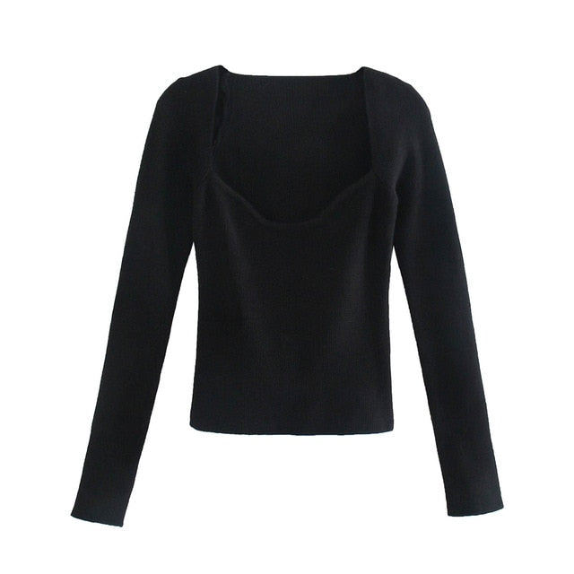 Knit Sweater Top Long Sleeve Heart Neck Casual Fashion Woman Slim-fit Tight Knitted sweaters Pullover Tops
