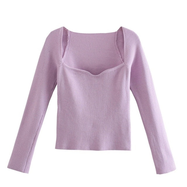 Knit Sweater Top Long Sleeve Heart Neck Casual Fashion Woman Slim-fit Tight Knitted sweaters Pullover Tops