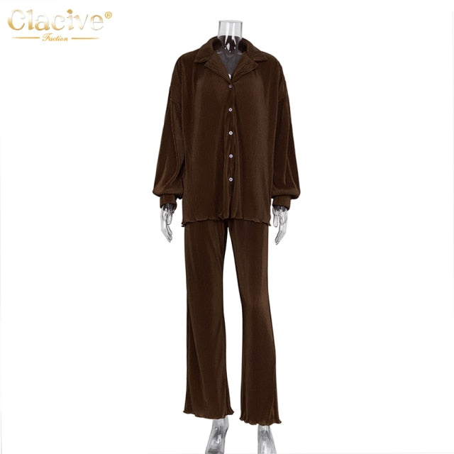 Clacive Causal Loose Home Suit Autumn Long Sleeve Blouse With High Wasit Pants Set Women Elegant Pleated Beige 2 Piece Pant Sets