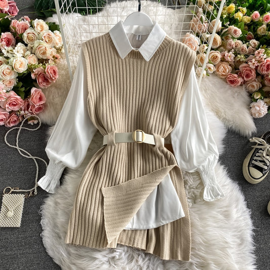 Lantern sleeve shirt knitted vest two piece set