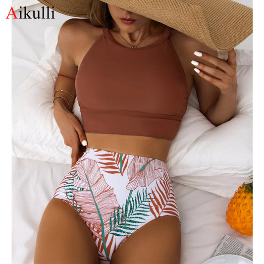 Brown Leaf Print High Waist Bikini Set Swimsuit with High Neck Tankini