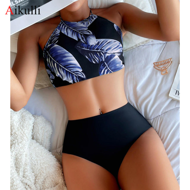 Brown Leaf Print High Waist Bikini Set Swimsuit with High Neck Tankini