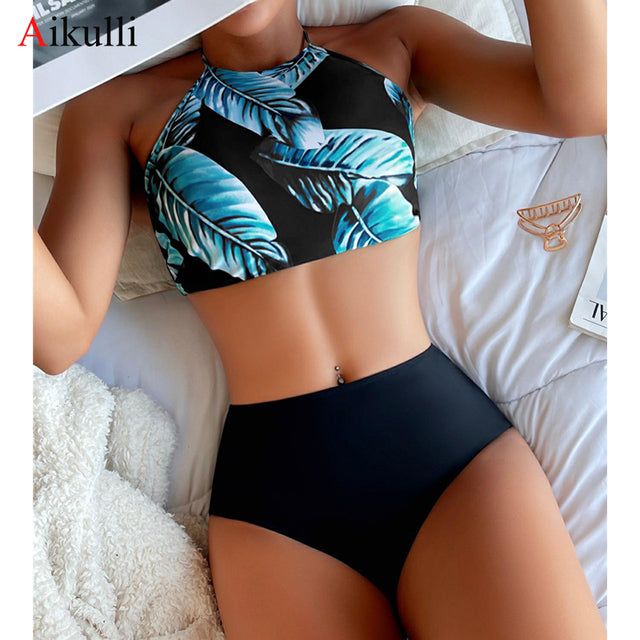 Brown Leaf Print High Waist Bikini Set Swimsuit with High Neck Tankini