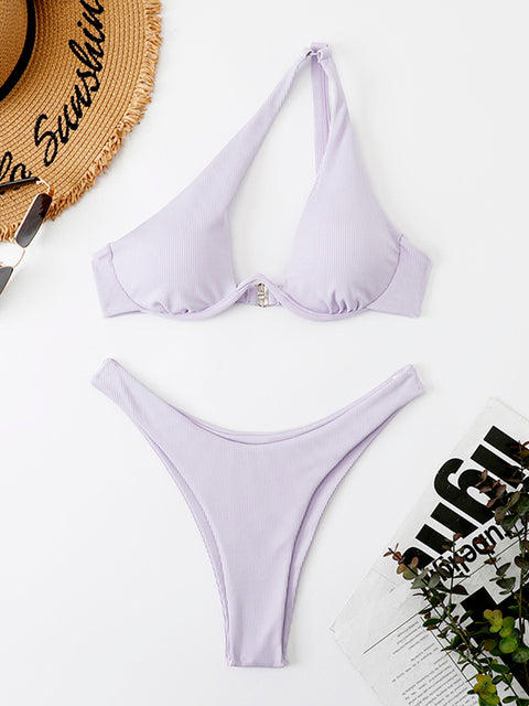 Cut Out Underwire One Shoulder Bikini Set